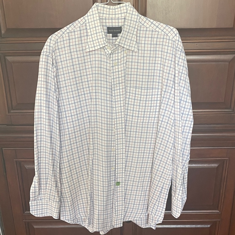Scott Barber Windowpane Plaid Dress Shirt XL Red white Blue EUC